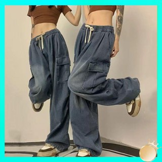 กางเกงยีนส์ผู้หญิง กางเกงยีนส์สาวอวบ INSstudios patch pocket silhouette jeans national trendy couple street vintage washed loose cargo trousers ผู้หญิง