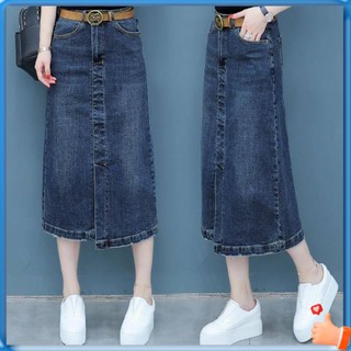 กระโปรงยีนส์ยาว กระโปรงยีนส์สาวอวบ ฤดูใบไม้ผลิและฤดูใบไม้ร่วง Denim Skirt Womens 2021 New Summer Long Skirt เอวสูง บาง อเนกประสงค์ Mid-length A-line Skirt