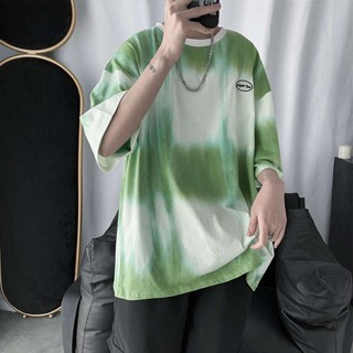 shein thailand เสื้อยืดชายแขนสามส่วนผ้าฝ้าย100% สำหรับฤดูร้อนเสื้อแขนสั้น7ส่วนทรงหลวมสไตล์ฮ่องกงสไตล์ฮิปฮอปคอกลมมัดย้อม