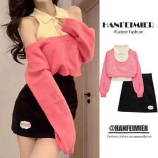 Zhien พร้อมส่ง เสื้อกันหนาวกระโปรงสั้น สามชิ้น พลัสไซซ์ แฟชั่นฤดูใบไม้ผลิ สไตล์เกาหลี สําหรับผู้หญิง