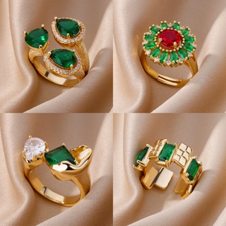 Kaijiang Cincin แหวนสเตนเลส ประดับเพทาย ลายดอกไม้ สีเขียว ปรับได้ เครื่องประดับแฟชั่น สําหรับผู้หญิง