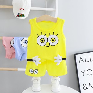 เสื้อกั๊กลําลอง ผ้าฝ้ายแท้ ลาย Spongebob Squarep สไตล์เกาหลีตะวันตก แฟชั่นฤดูร้อน สําหรับเด็กผู้ชาย และเด็กผู้หญิง