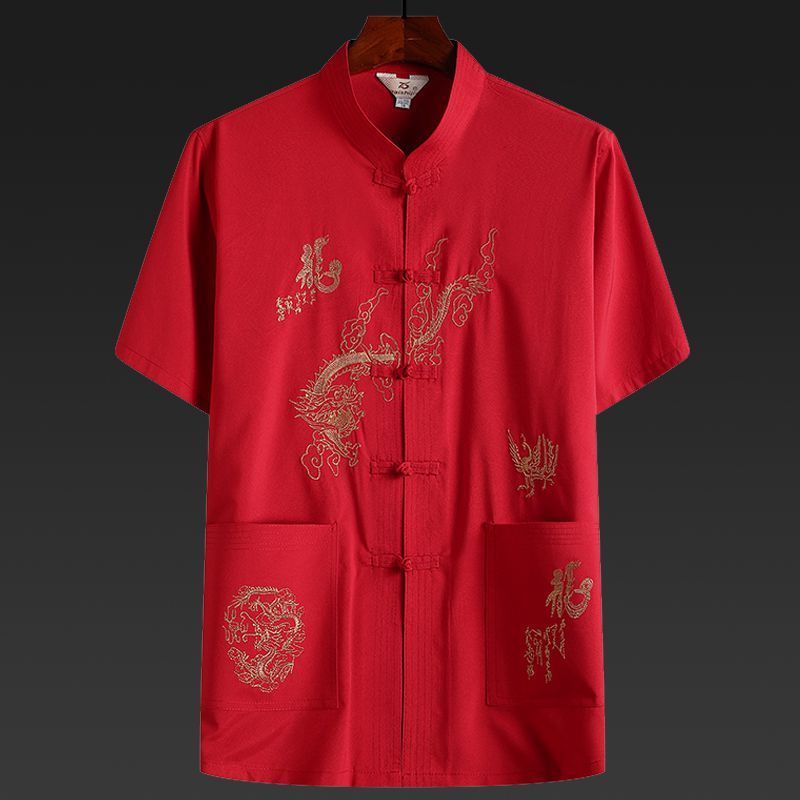 เสื้อเชิ้ตแขนสั้น ปักลาย ทรงหลวม ขนาดใหญ่ แฟชั่นฤดูร้อน สไตล์จีน สําหรับผู้ชาย