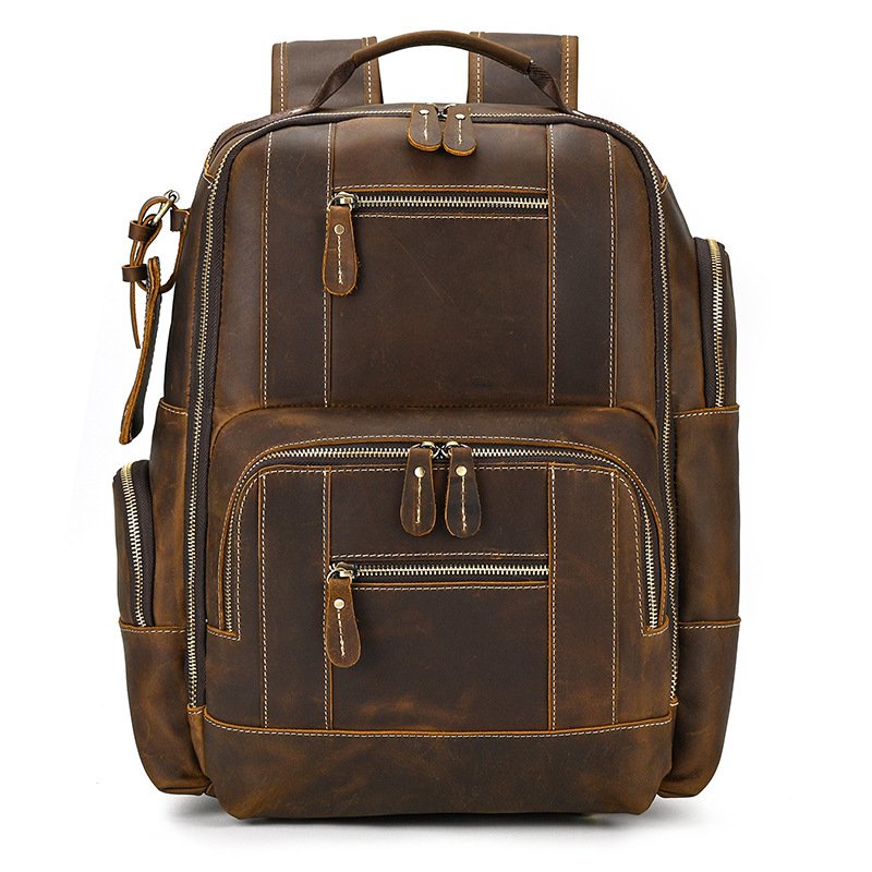 Lin Men 's Vintage Backpack Crazy Horse Leather Student Schoolbag Large Capacity Leather Backpack First Layer Co