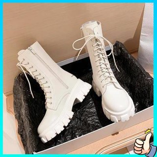 รองเท้าบูทผู้หญิง Martin Boots Womens Spring Autumn 2021 ใหม่สีขาวบางกลางกระบอกระบายอากาศหนา Soled Single Boot Trend Versatile รถจักรยานยนต์ Booties