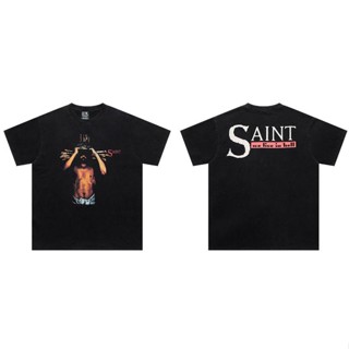 เสื้อยืดแขนสั้น ทรงหลวม พิมพ์ลาย Saint MICHAEL 23SS TEE WE LIVE HELL แฟชั่นคู่รัก สําหรับผู้ชาย