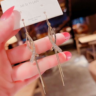 ต่างหูหนีบ Super fairy temperament long tassel earrings womens 2023 new trendy Internet celebrity explosive earrings round face thin earrings