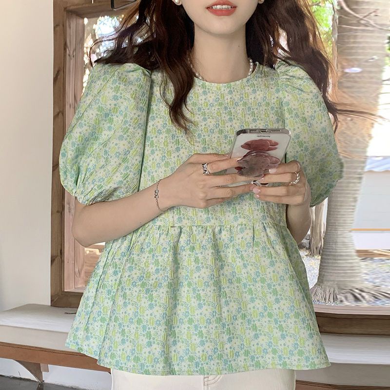 เสื้อเชิ้ตแขนพัฟ คอกลม ทรงหลวม ลายดอกไม้ ประดับโบว์ เข้ากับทุกการแต่งกาย สไตล์เกาหลี สําหรับผู้หญิง