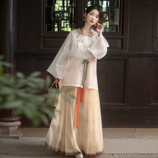 Juyu [Tea] Hanfu ของแท้ Ming Made คอกลม คู่เสื้อเชิ้ต เอวยาว กระโปรง กะหล่ําปลี ราคาปรับปรุง รุ่น Hanfu สไตล์จีน เสื้อผ้าผู้หญิง ชุดองค์ประกอบจีน เครื่องแต่งกายโบราณ ชุดชาวฮั่น ผู้หญิง ชุดจีน