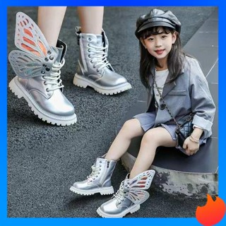 รองเท้าบูทเด็กผู้หญิง Kids Martin Boots ฤดูใบไม้ผลิฤดูใบไม้ร่วง 2023 New Girls Wings Fashion Dazzling Short Boots Girls Silver Princess Single Boot Trend