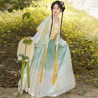 Fine fe in original hanfu tea spirit to make Wears แขนสั้น Qingfeiyue original hanfu tea spirit Cross wear Half sleeves Song Made One Piece Pleated Skirt Spring Style Genuine 4.28