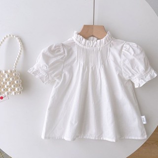 เสื้อเชิ้ตแขนสั้น คอตุ๊กตา ทรงหลวม สีขาว แฟชั่นฤดูร้อน สําหรับเด็กผู้หญิง