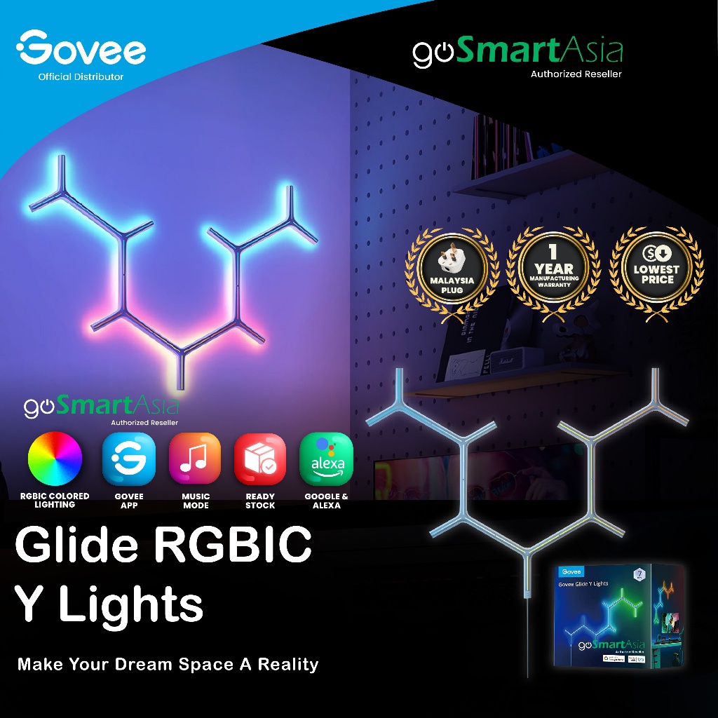 [ ฟรีหลอดไฟ ] goSmart Asia Govee Glide Y Shape Light Panel 7 pack Gaming Light Neon Light Smart Light Lampu Dinding