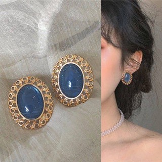 925 silver ear pins small simple French vintage blue gemstone earrings Hong Kong style fashion temperament earrings stud earrings women