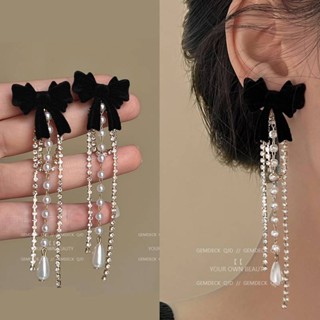 Black flocked bow pearl fringed earrings womens two wear Korean temperament, light luxury, high-end sense long earrings