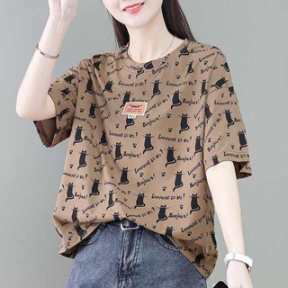 shein thailand [คอตตอน100%] เสื้อยืดแขนสั้นมัดย้อมผู้หญิง2023ฤดูร้อนใหม่พิมพ์ลายการ์ตูนสั้นชิคเสื้อแฟชั่น