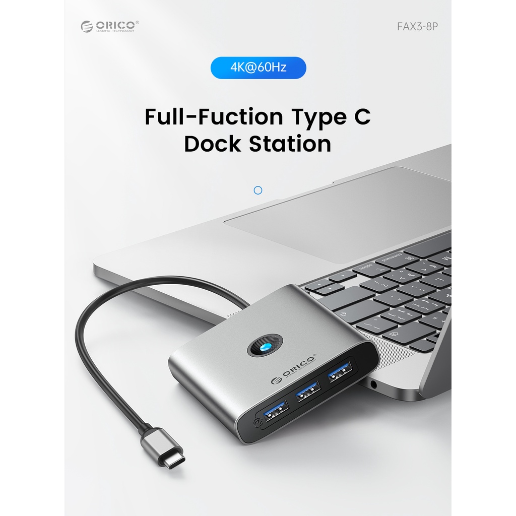 Orico USB C HUB ประเภท C ถึง 4K HDMI PD 100W RJ45 SD TF USB3.0 Dock station สําหรับ Mac Air M1 M2 (FAX3)