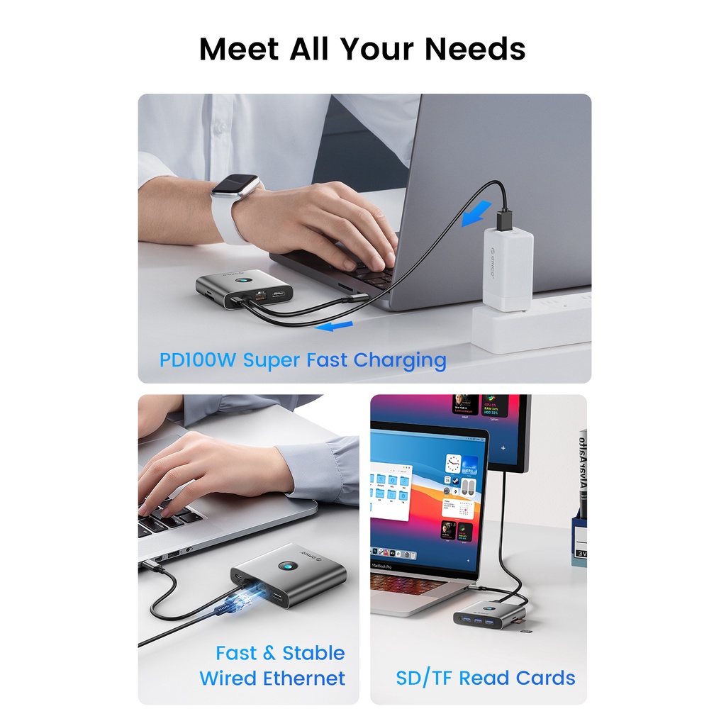 Orico USB C HUB ประเภท C ถึง 4K HDMI PD 100W RJ45 SD TF USB3.0 Dock station สําหรับ Mac Air M1 M2 (FAX3)