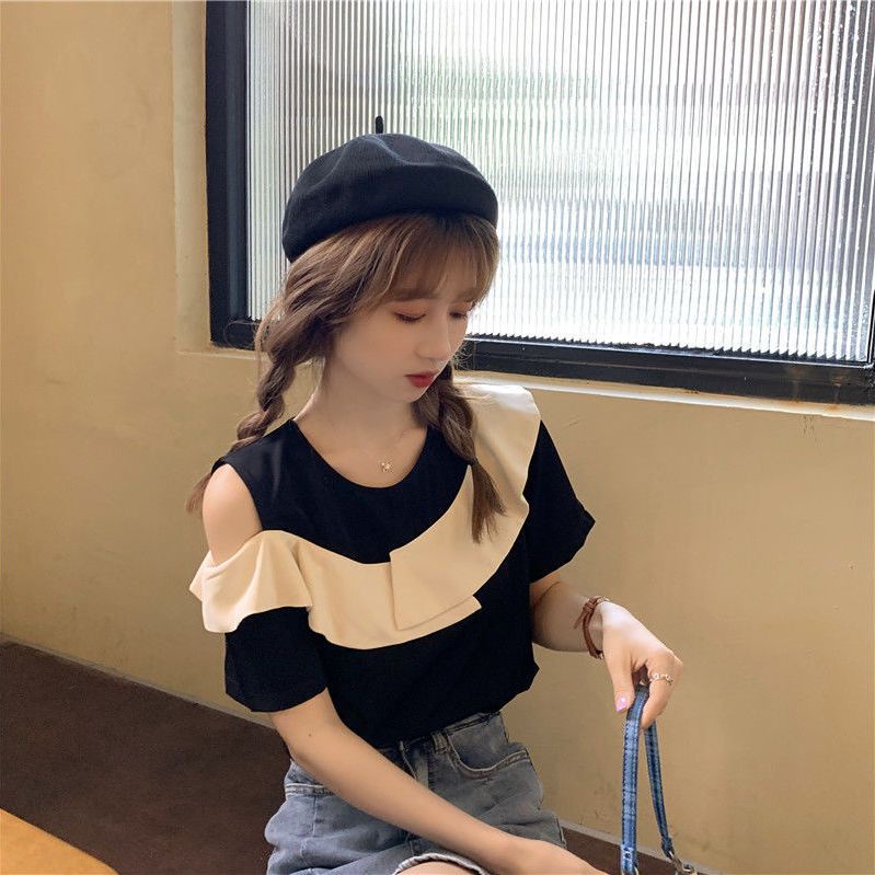 เสื้อเชิ้ตแขนสั้น เปิดไหล่ แต่งระบาย สีคอนทราสต์ แฟชั่นฤดูร้อน สไตล์เกาหลี สําหรับผู้หญิง 2024