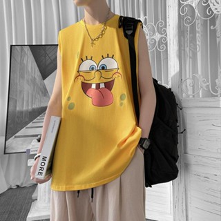 เสื้อยืดแขนกุดลําลอง พิมพ์ลาย Spongebob Squarepants สีเหลือง แฟชั่นฤดูร้อน สไตล์ฮ่องกง สําหรับผู้ชาย