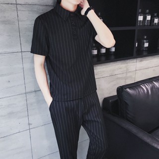 เสื้อสูทแขนสั้นลําลอง แบบบาง เข้ารูป ยืดหยุ่น ลายทาง สไตล์ฮ่องกง สําหรับผู้ชาย