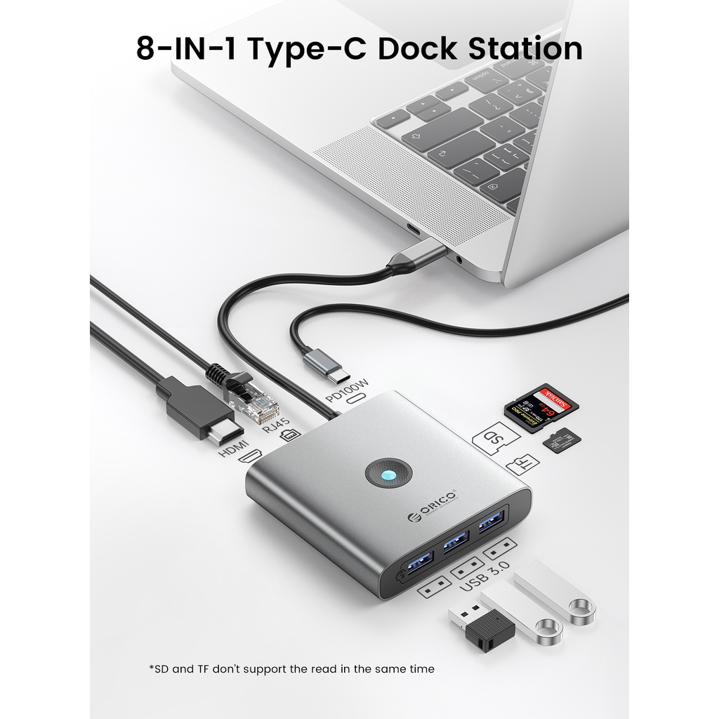 Orico USB C HUB ประเภท C ถึง 4K HDMI PD 100W RJ45 SD TF USB3.0 Dock station สําหรับ Mac Air M1 M2 (FAX3)