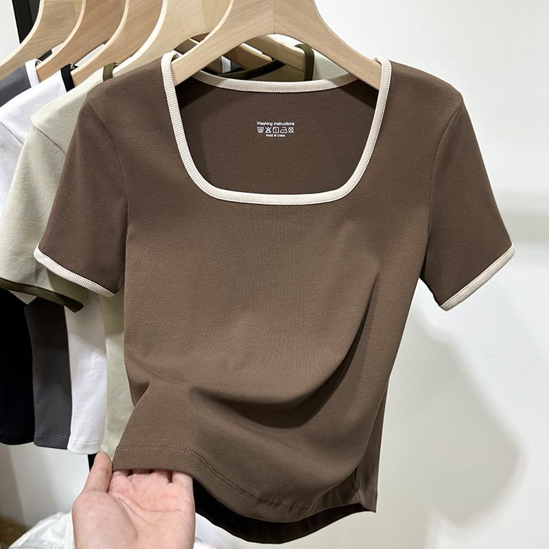 เสื้อยืดแขนสั้น คอยู ขนาดใหญ่ สีพื้น เข้ากับทุกการแต่งกาย แฟชั่นฤดูร้อน สไตล์เกาหลี สําหรับผู้หญิง