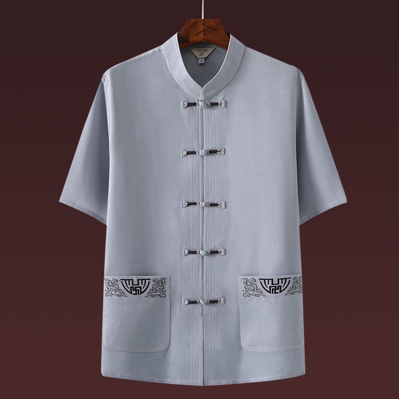 เสื้อเชิ้ตแขนสั้น ปักลาย สีพื้น ขนาดใหญ่ สไตล์จีน แฟชั่นฤดูร้อน สําหรับผู้ชายวัยกลางคน และผู้สูงอายุ