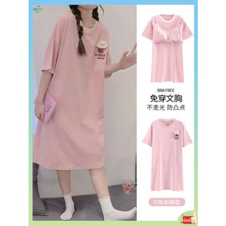 ชุดนอนคนอ้วนไซส์ใหญ่ ชุดนอนคนอ้วน ผ้าฝ้าย nightdress ฤดูร้อนแผ่นหน้าอกของผู้หญิงป้องกันการกระแทกกลางความยาวสุทธิสไตล์คนดังฤดูร้อนแขนสั้นชุดนอนผู้หญิงฤดูร้อนรุ่น