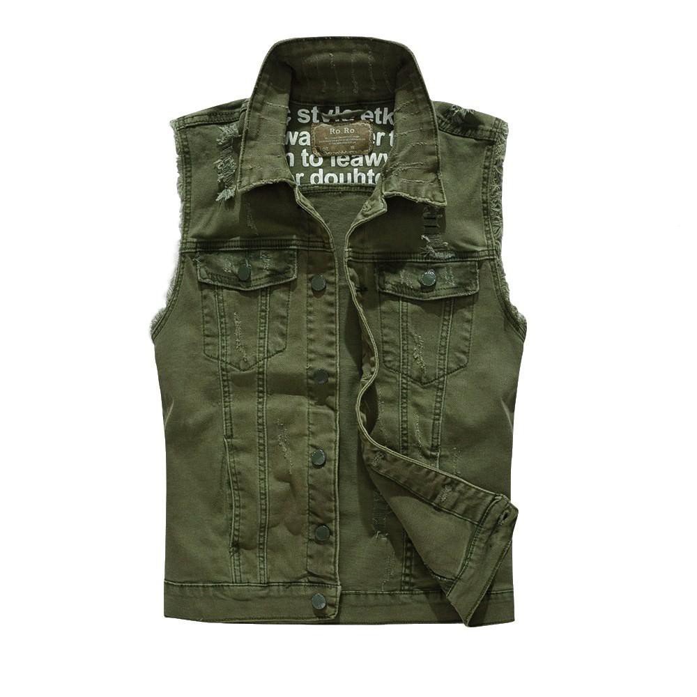 (Army Green)Hole Vintage Jeans Vest เสื้อแจ็คเก็ตแขนกุดผ้ายีนส์แฟชั่นบุรุษ M-5XL