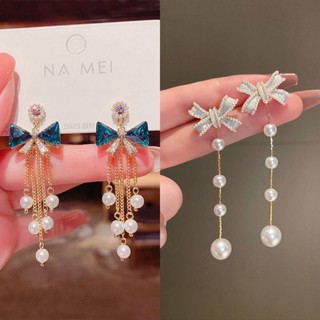 Korean Dongdaemun pearl bow fringed earrings womens 2021 new trendy temperament high-end light luxury earrings