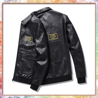 jacket leather แจ็คเก็ตหนังผู้ชายเสื้อโค้ทฤดูใบไม้ร่วงและฤดูหนาวขนแกะหลวมขนาดใหญ่หนังเสื้อเยาวชน PU รถจักรยานยนต์แจ็คเก็ตหนังกระแสน้ํา