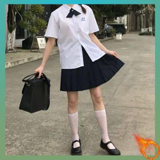 กระโปรงทรงเอ ใหม่ Crewneck JK Uniform Pleated Skirt Womens Summer Suit Loose Shirt Female Thai Student School Uniform (3-Piece Set)