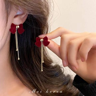 S925 silver needle red velvet bow tassel long earrings high-end light luxury temperament celebrity stud earrings