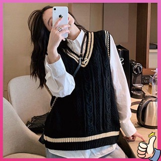 เสื้อกั๊กไหมพรม เสื้อกันหนาวไซส์ใหญ่ 300 จิน plus-size womens preppy V-neck knitted sleeveless vest + white shirt suit loose student versatility