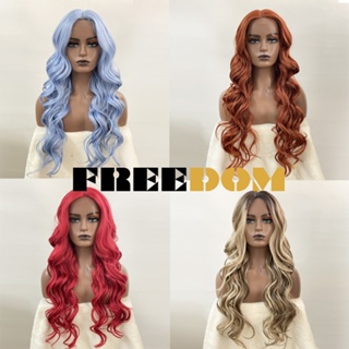 Freedom วิกผมสังเคราะห์ ลูกไม้ ไฮไลท์ สีส้ม ขิง สีฟ้า สีแดง ส่วน T วิกผมลูกไม้ Ombre สีน้ําตาล วิกผมคอสเพลย์ หยักยาว