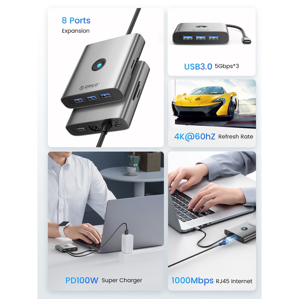Orico USB C HUB ประเภท C ถึง 4K HDMI PD 100W RJ45 SD TF USB3.0 Dock station สําหรับ Mac Air M1 M2 (FAX3)