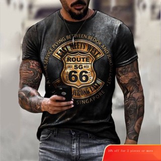 เสื้อยืด พิมพ์ลาย Route 66 3D สไตล์ฮิปฮอป แนวสตรีท เข้ารูป สําหรับผู้ชาย