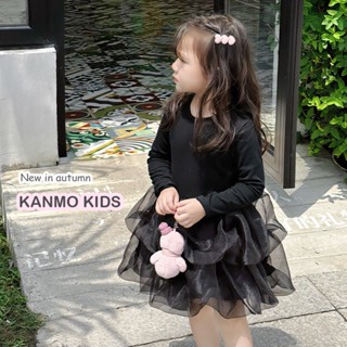 【Kanmo】ชุดเดรสแขนยาว ลายหงส์ สีดํา แฟชั่นฤดูใบไม้ผลิ และฤดูใบไม้ร่วง สไตล์เจ้าหญิง สําหรับเด็กผู้หญิง