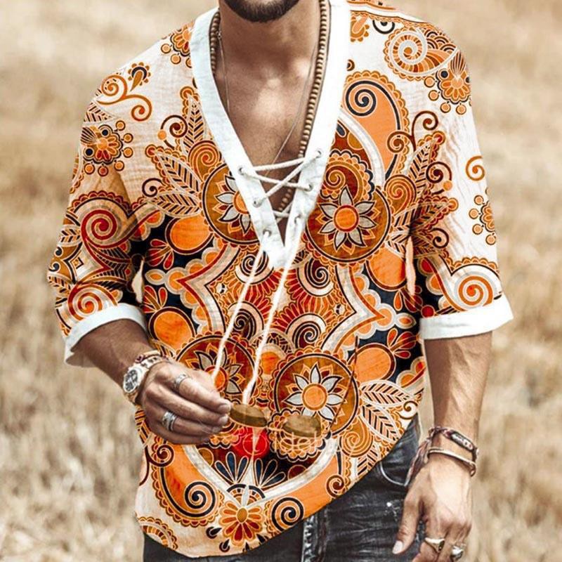 【FCS】เสื้อยืดลําลอง แขนสั้น พิมพ์ลาย Kurta สไตล์โบฮีเมียนเรโทร สําหรับผู้ชาย เสื้อยืด เสื้อชายหาด แฟชั่นไทย มีสินค้า☞