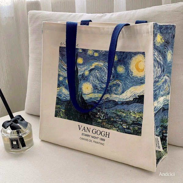ANDCICI @ Van Gogh Museum Star Oil Painting ~ กระเป๋าผ้าใบมีซิปสำหรับเดินทางไปทำงานกระเป๋านักเรียนกระเป๋าสะพายไหล่