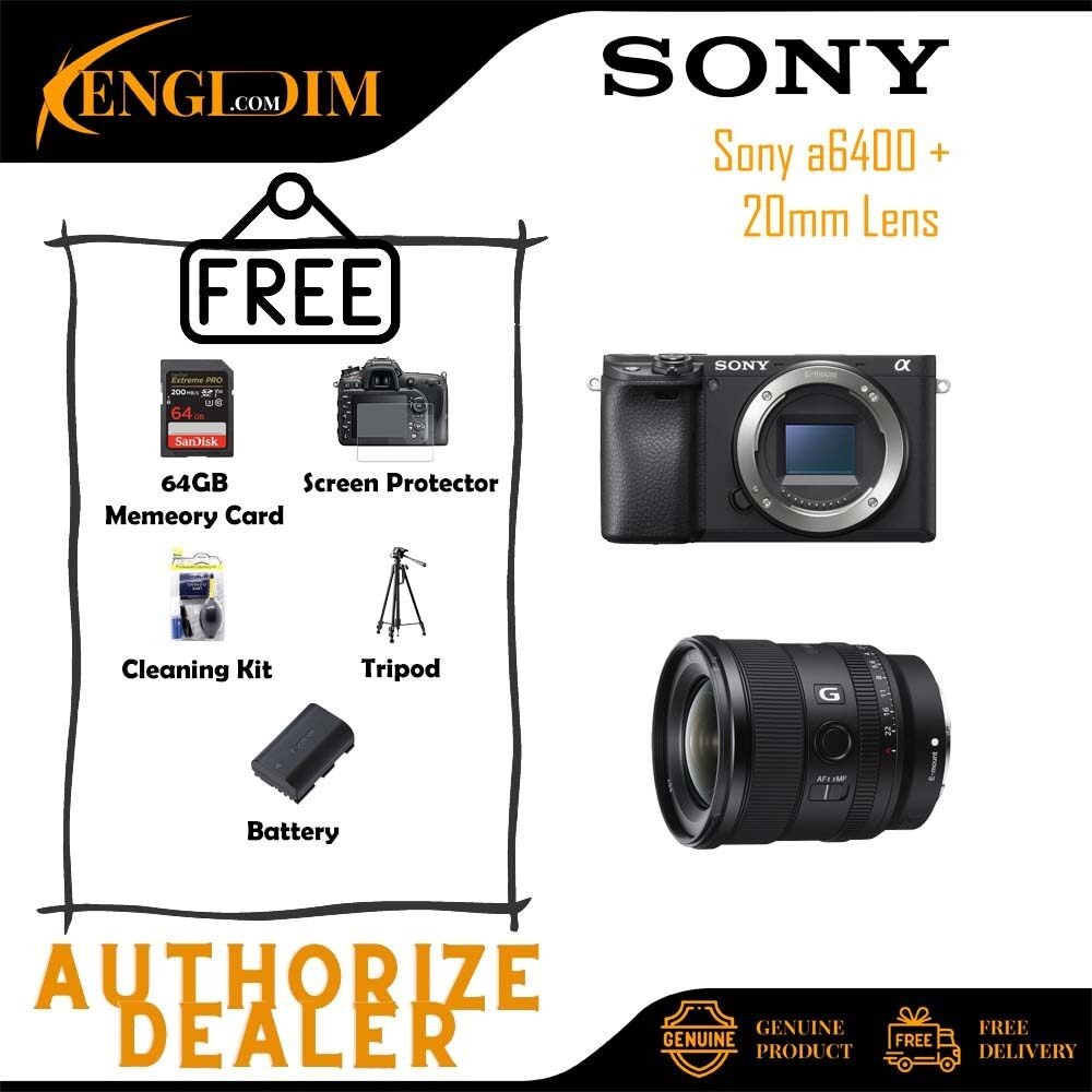 กล้องดิจิตอลมิเรอร์เลส Sony Alpha a6400 พร้อมเลนส์ Sony FE 20 มม. f/1.8 G