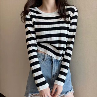 เสื้อยืดคอกลม แขนยาว ผ้าถัก ลายทาง เอวสูง แฟชั่นฤดูใบไม้ร่วง สําหรับผู้หญิง 2023