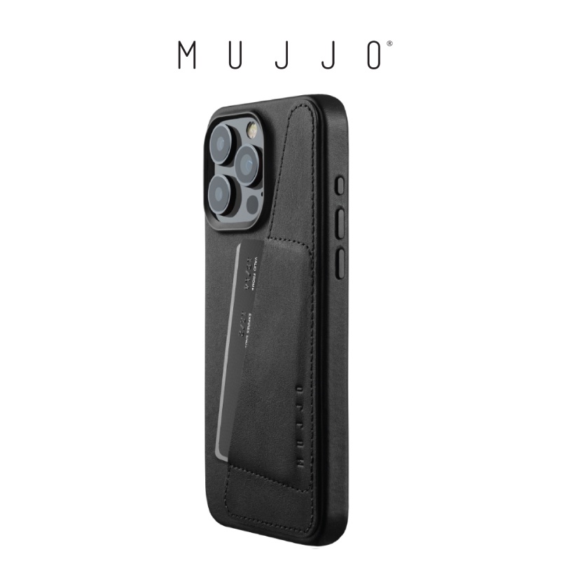 Mujjo Full Leather Wallet Phone Case Cover Casing iPhone 15 / 15 Plus / 15 Pro / 15 Pro Max - สีดํา