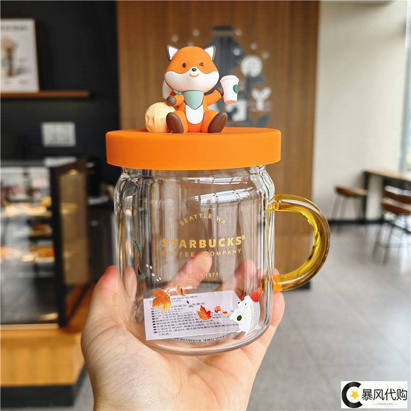 ★ins ขายดี Starbucks แก้วน้ํา ลายการ์ตูนสุนัขจิ้งจอกน่ารัก พร้อมฝาปิด ทนความร้อน สําหรับผู้หญิง★ins热卖 星巴克杯子 星巴克秋日森林萌狐款玻璃杯有盖卡通梅森杯把手耐热泡茶水杯子女