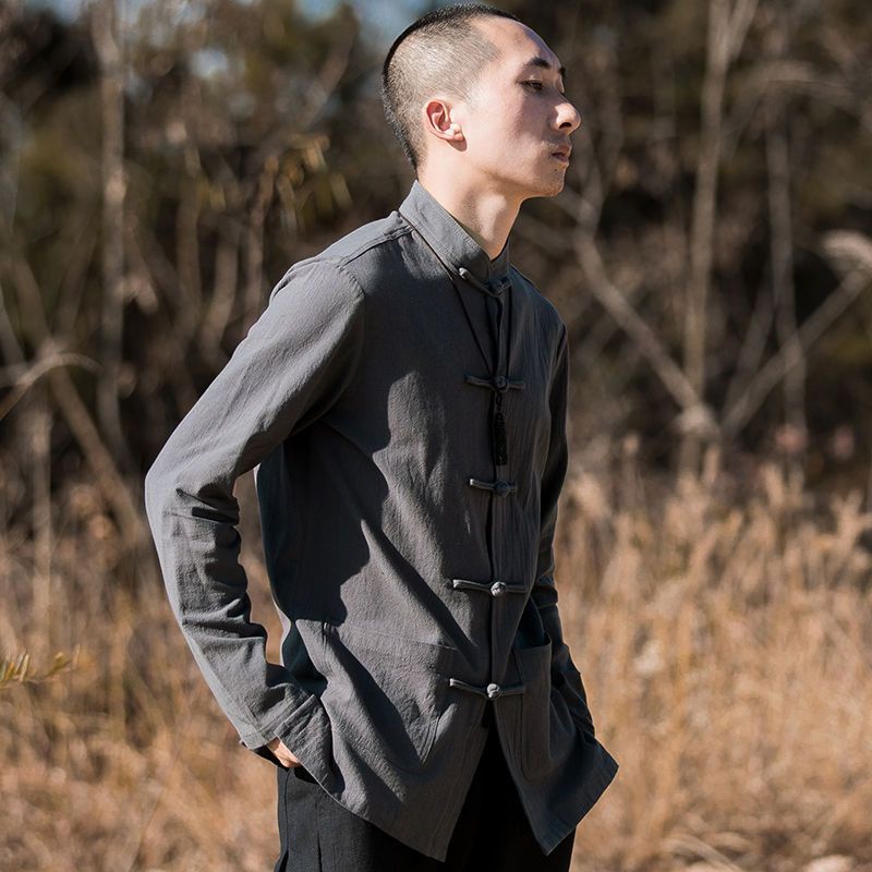 เสื้อเชิ้ตแขนยาวลําลอง คอปก แต่งกระดุม สไตล์จีนเรโทร แฟชั่นฤดูใบไม้ผลิ และฤดูใบไม้ร่วง สําหรับผู้ชาย - รูปที่ 4