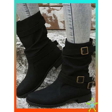 รองเท้าสําหรับผู้หญิงรองเท้าบูทสําหรับผู้หญิง บูตสั้นของผู้หญิง2023ฤดูใบไม้ผลิใหม่หนังเคลือบกลางบาร์เรลอัศวินบู๊ทส์ย้อนยุคด้านล่างแบนมาร์ตินรองเท้ากั