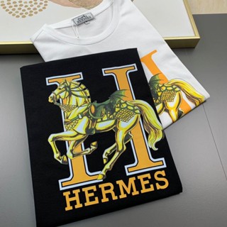 Hermes เสื้อยืดแขนสั้นลําลอง เข้ารูป เข้ากับทุกชุด สไตล์ยุโรป สําหรับผู้ชาย และผู้หญิง