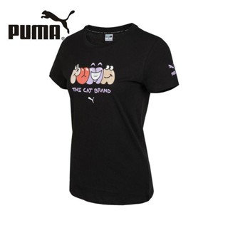 Puma Puma เสื้อยืดลําลอง แขนสั้น ผ้าฝ้ายแท้ พิมพ์ลาย ระบายอากาศ เหมาะกับฤดูใบไม้ผลิ สําหรับสตรี