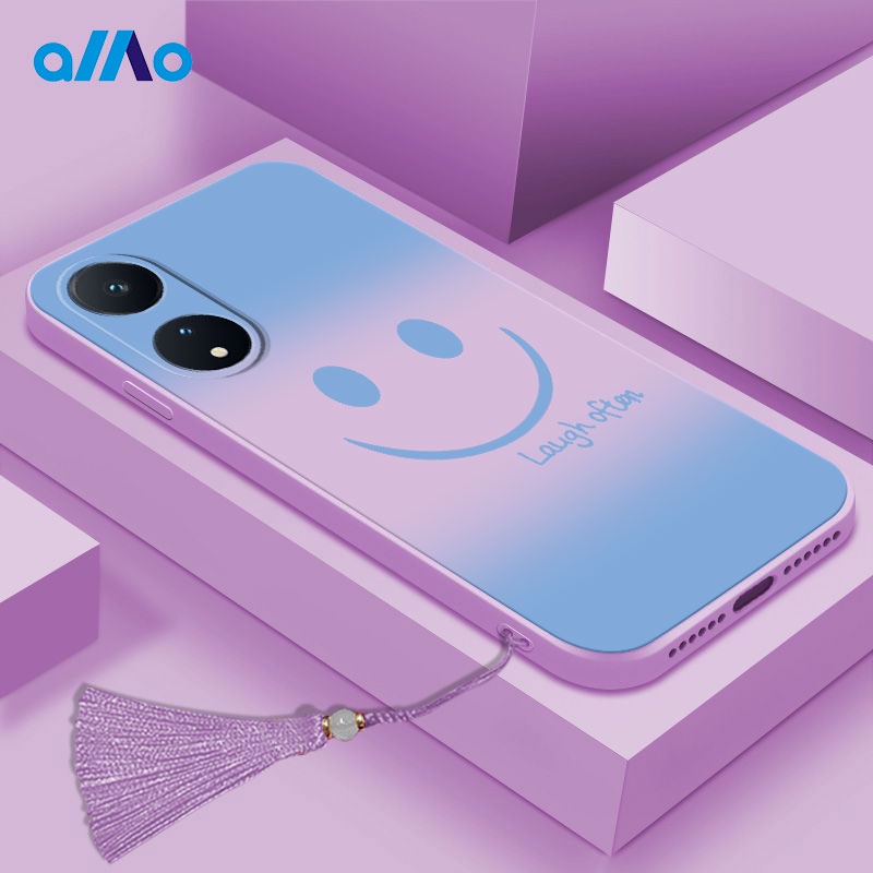 เคสโทรศัพท์มือถือ ลายหน้ายิ้ม สีฟ้า พร้อมพู่ สําหรับ Vivo Y17s V29 5g V29e Y36 5g Y27 5g V27E v27 v27pro 5g T2 Pro